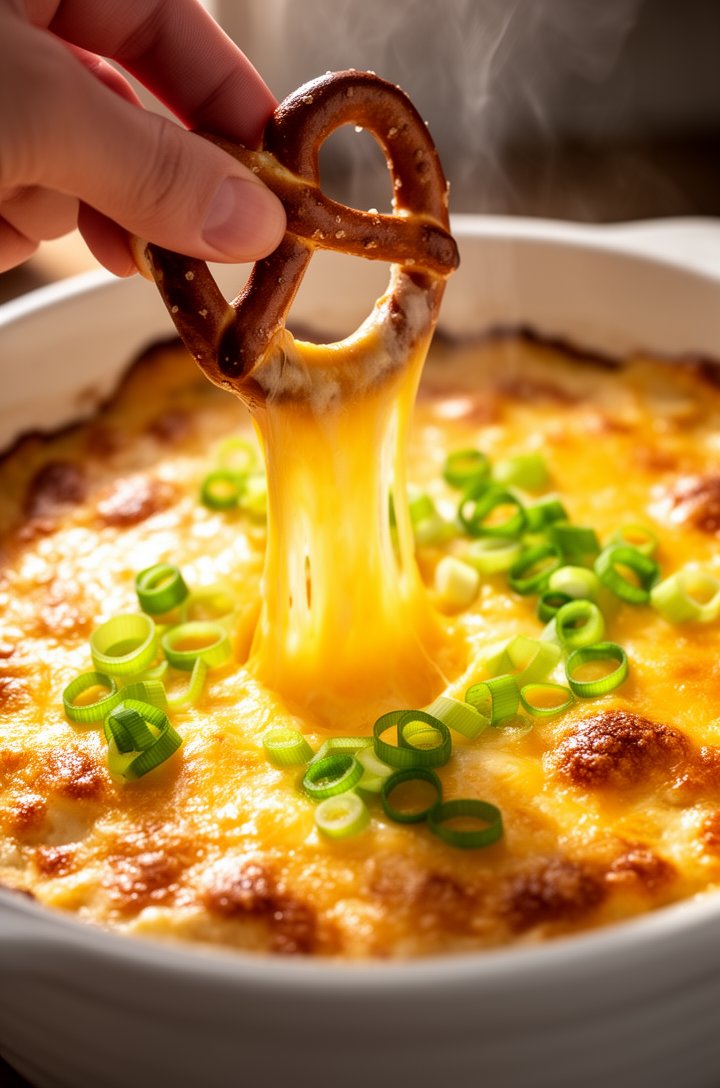 Extreme close-up macro of warm pretzel dip in a white ceramic baking dish, surface golden and bubbly with melted cheddar pockets, bright green sliced scallions on top, a hand dipping a pretzel twist i