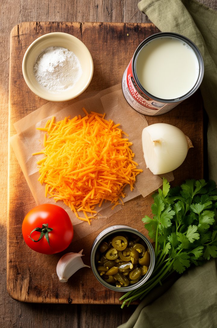 Overhead flat-lay on an aged wooden cutting board showing mise en place for cheese dip — a mound of freshly shredded orange cheddar on parchment, a small butter-cream ceramic bowl of cornstarch, a hal