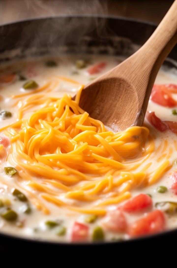 Extreme close-up macro shot of the cheese melting process in the saucepan — half-melted orange cheddar strands swirling into creamy evaporated milk, visible green chile flecks and tomato pieces, woode