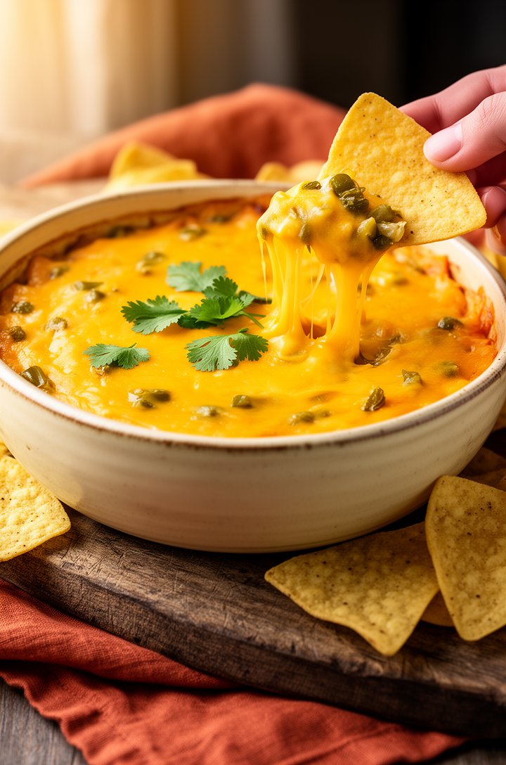 Beauty shot of finished golden-orange cheese dip in a rustic butter-cream ceramic bowl, surface glossy and smooth with visible green chile flecks and fresh cilantro scattered on top, a tortilla chip m