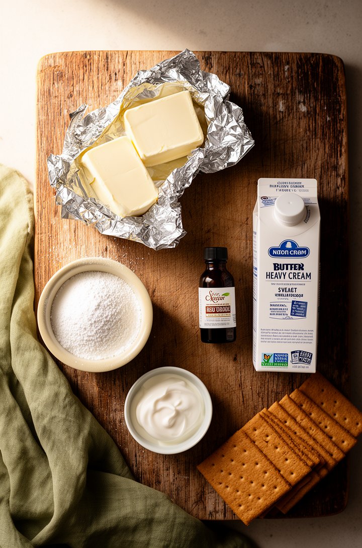 Overhead flat-lay of cheesecake dip ingredients arranged on an aged wooden board — two blocks of cream cheese still in foil wrappers partially opened, a small butter-cream ceramic bowl of powdered sug