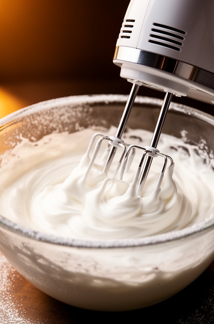 Close-up 30-degree angle of an electric hand mixer whipping heavy cream in a large glass mixing bowl, cream at the stiff peaks stage — thick glossy white peaks standing straight up on the beaters, pow