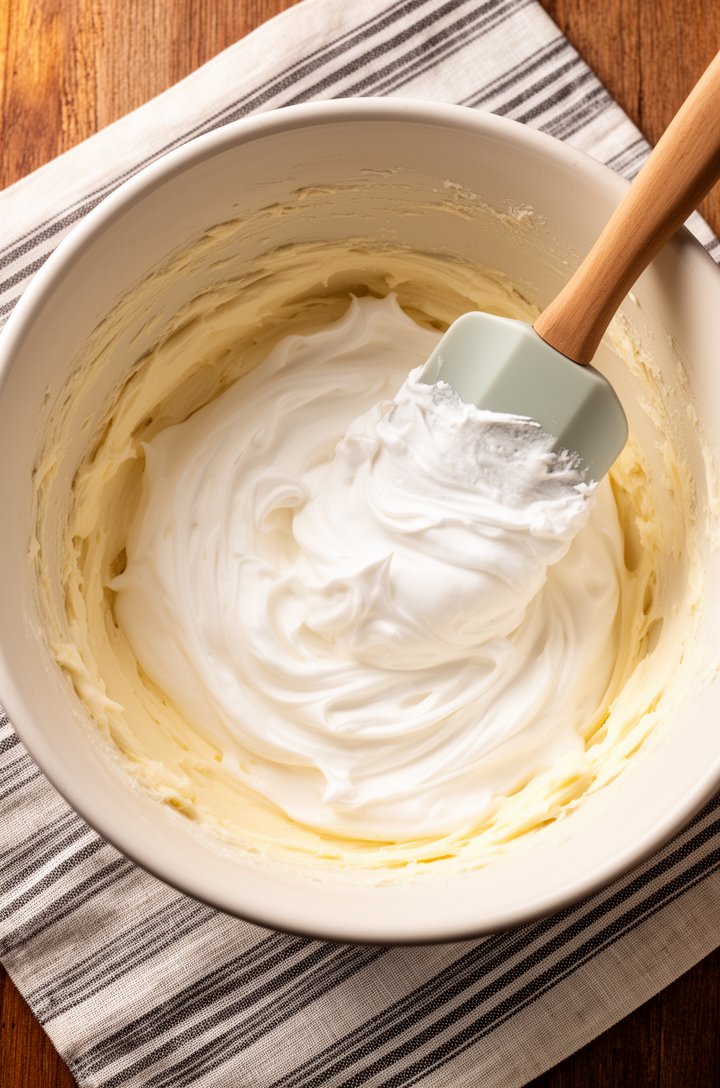Overhead shot of a spatula mid-fold, gently combining fluffy white whipped cream into a pale cream cheese mixture in a large mixing bowl, visible swirls of the two textures partially combined, the bow