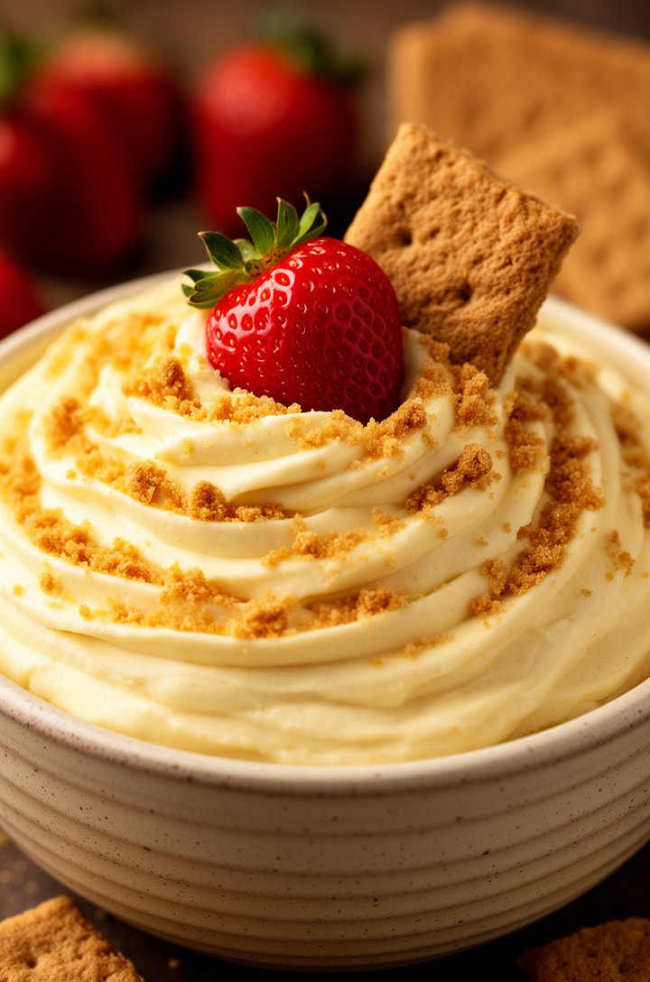 Extreme close-up macro shot of the finished cheesecake dip in a speckled butter-cream ceramic bowl, dip piled high with pillowy swirls, golden graham cracker crumbs scattered across the surface, a fre
