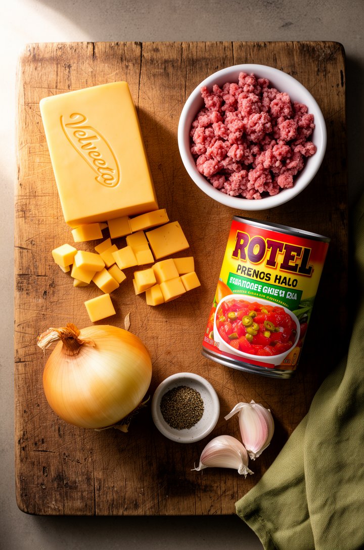 Overhead flat-lay of ingredients on an aged wooden cutting board — a block of golden Velveeta cheese partially cut into cubes, a small white bowl of raw crumbled pork sausage, an opened can of Rotel d