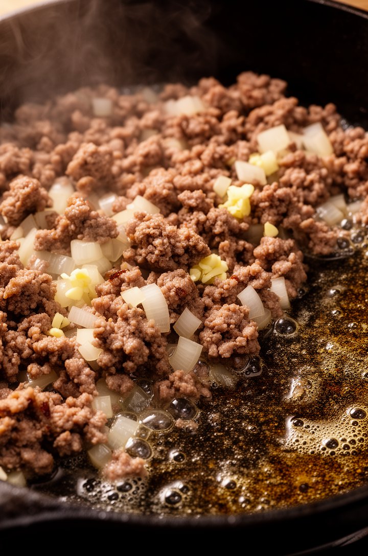 Close-up 30-degree angle of browned crumbled pork sausage cooking in a dark cast iron skillet with translucent diced onion and minced garlic visible among the meat crumbles, tiny bubbles of rendered f