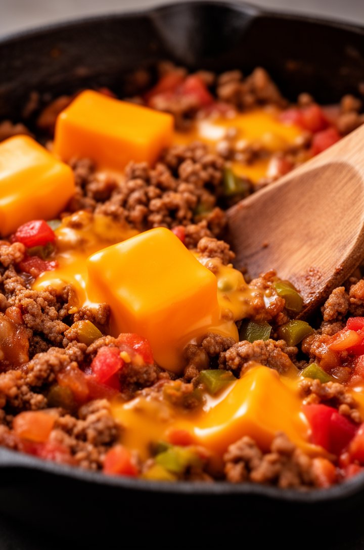 Extreme close-up macro shot of Velveeta cubes beginning to melt into the sausage mixture in a cast iron skillet, half-melted orange cheese clinging to browned meat crumbles, visible red tomato and gre
