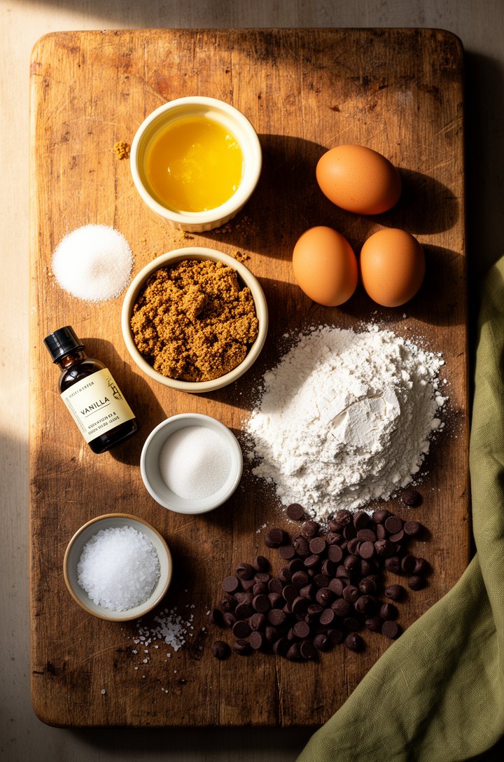 Overhead flat-lay of chocolate chip cookie ingredients arranged on an aged wooden board — a small bowl of melted golden butter, a butter-cream ceramic ramekin of brown sugar, another of white sugar, t
