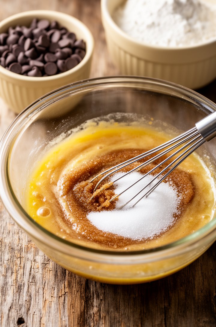 Close-up 45-degree angle of a glass mixing bowl with melted butter, brown sugar, and white sugar being whisked together, the mixture glossy and smooth with visible brown sugar swirls, a whisk resting 
