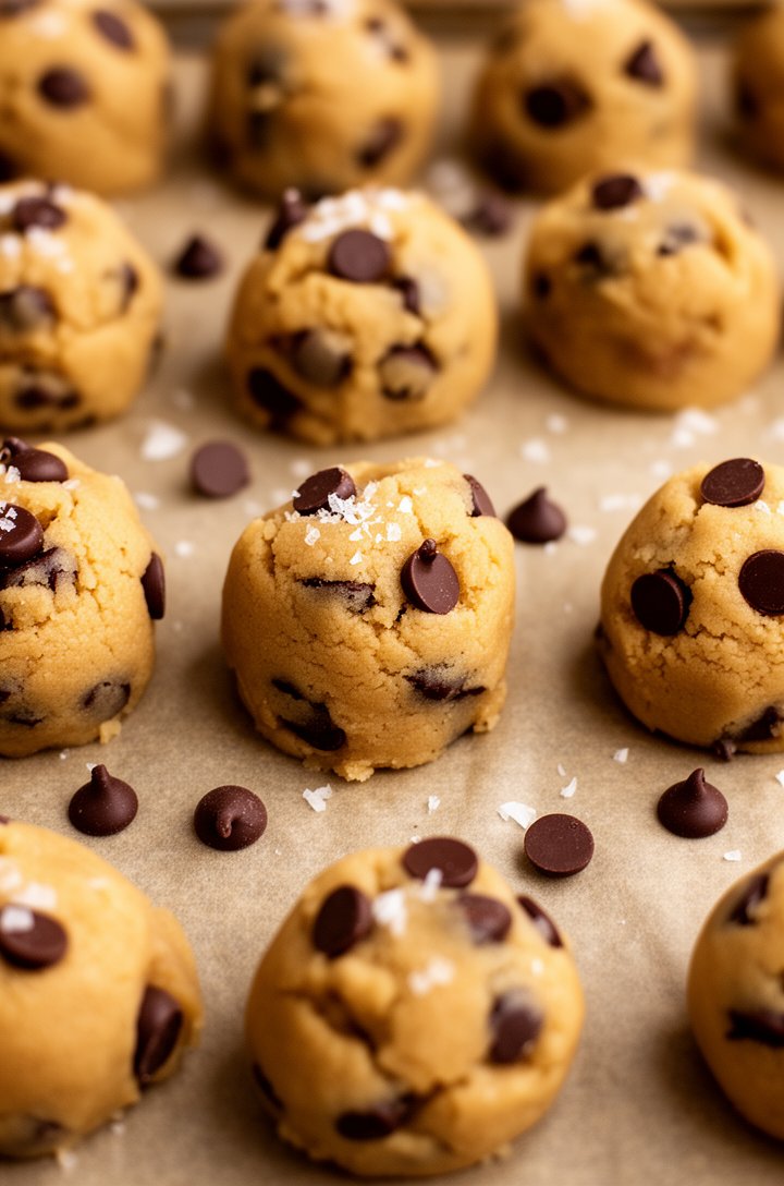 Macro close-up of raw chocolate chip cookie dough balls on a parchment-lined baking sheet, dough is golden-tan with visible chocolate chips studded throughout and pressed into the tops, tall round bal