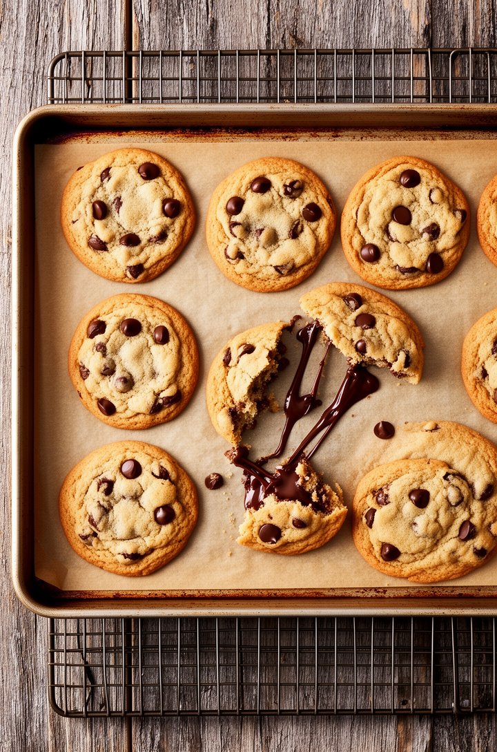 Overhead shot of freshly baked chocolate chip cookies on a parchment-lined baking sheet just pulled from the oven, cookies golden brown at edges but slightly puffy and pale in centers, chocolate chips