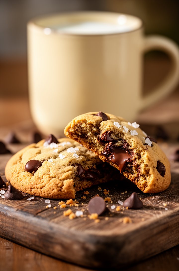 Extreme close-up macro of a single chocolate chip cookie on an aged wooden board, broken in half with one piece leaning against the other showing the dense chewy interior studded with melted chocolate