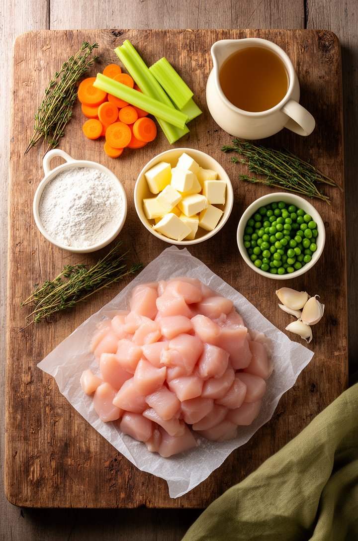 Overhead flat-lay of chicken pot pie ingredients arranged on an aged wooden board — a mound of cubed raw chicken breast on parchment, small butter-cream ceramic bowls of flour, cubed cold butter, slic