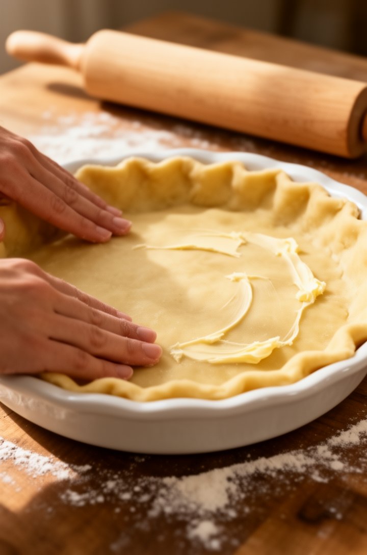 Close-up 45-degree angle of hands pressing a round of pale golden pie dough into a 9-inch white ceramic pie plate, flour dusted on the wooden surface, a rolling pin in soft focus behind, visible butte
