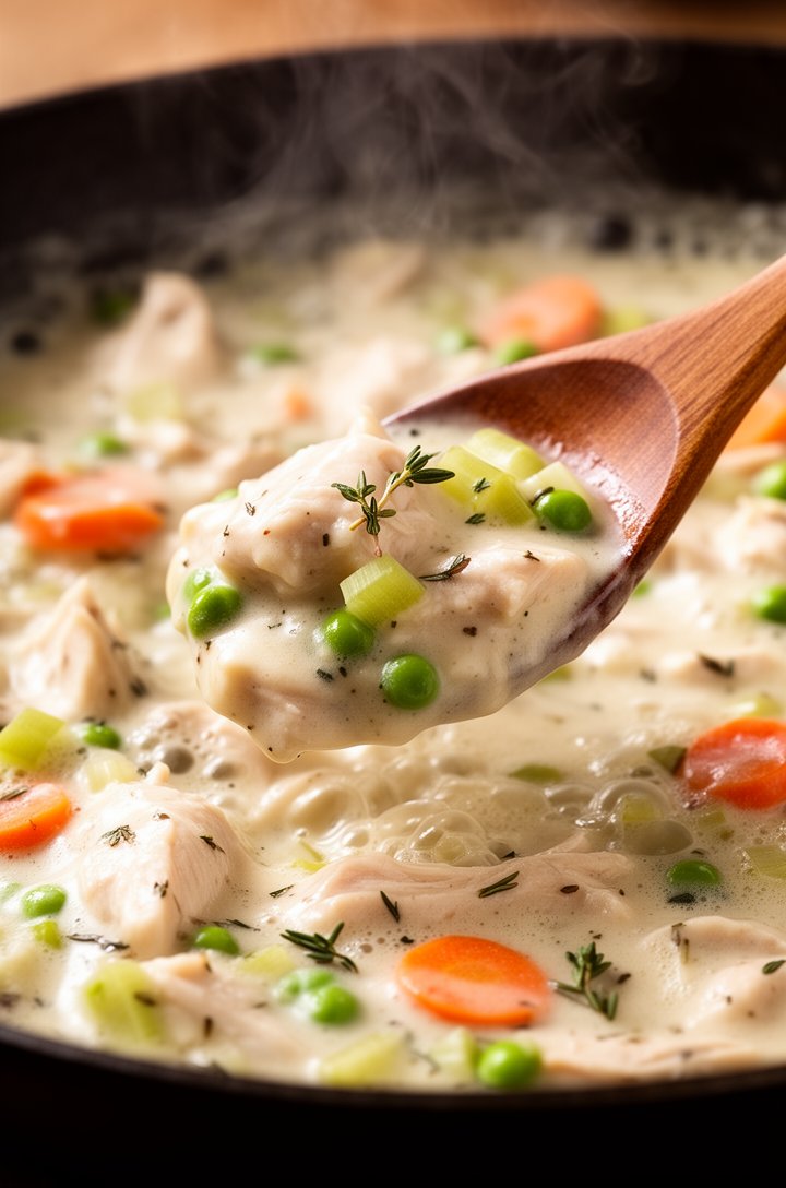 Extreme close-up macro of thick creamy chicken pot pie filling bubbling gently in a dark skillet, chunks of white chicken, bright orange carrot coins, green peas, and celery visible in glossy thyme-fl