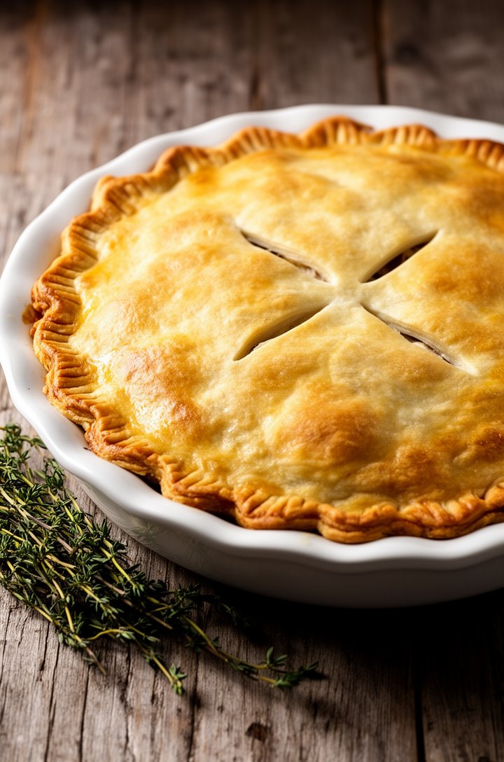 30-degree angle shot of the assembled chicken pot pie before baking — golden egg-washed top crust with fork-crimped edges and four neat steam vents cut in a cross pattern, sitting in a white ceramic p