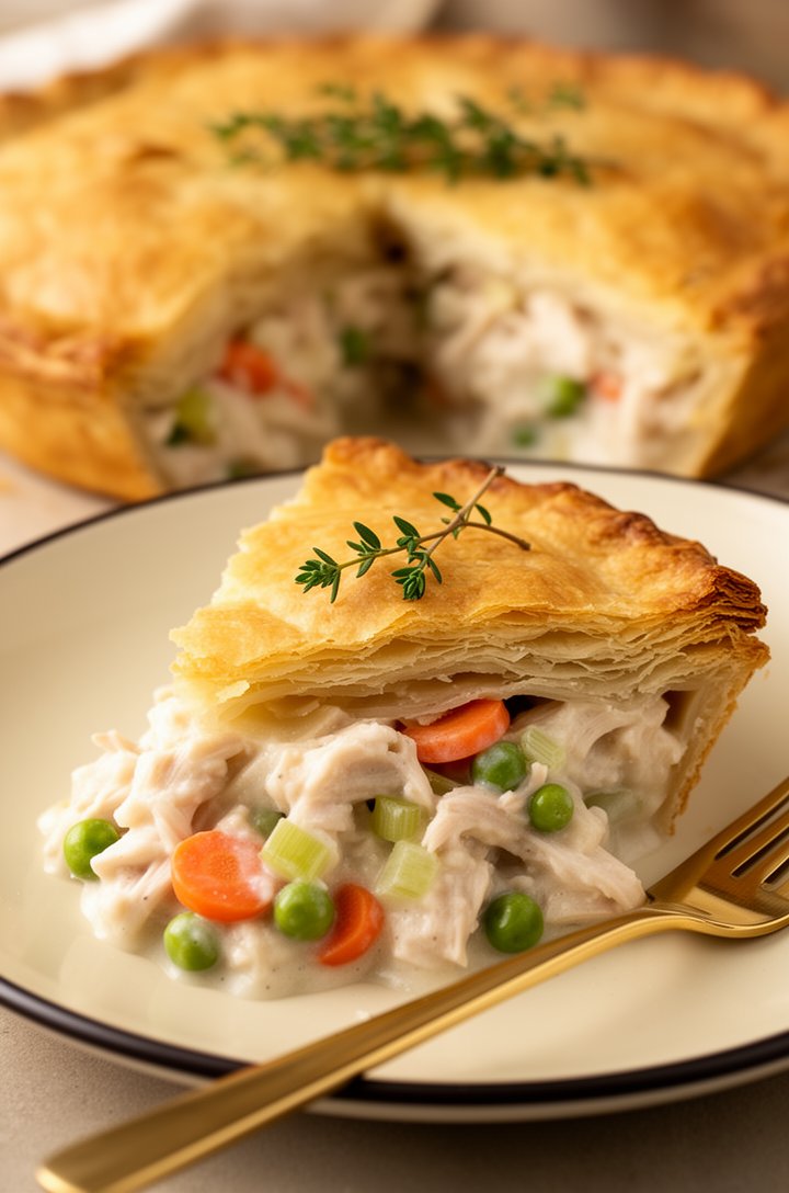 Close-up 45-degree angle of a single slice of chicken pot pie on a butter-cream ceramic plate with a thin dark rim, flaky golden-brown crust layers visible at the cut edge, thick creamy filling with c