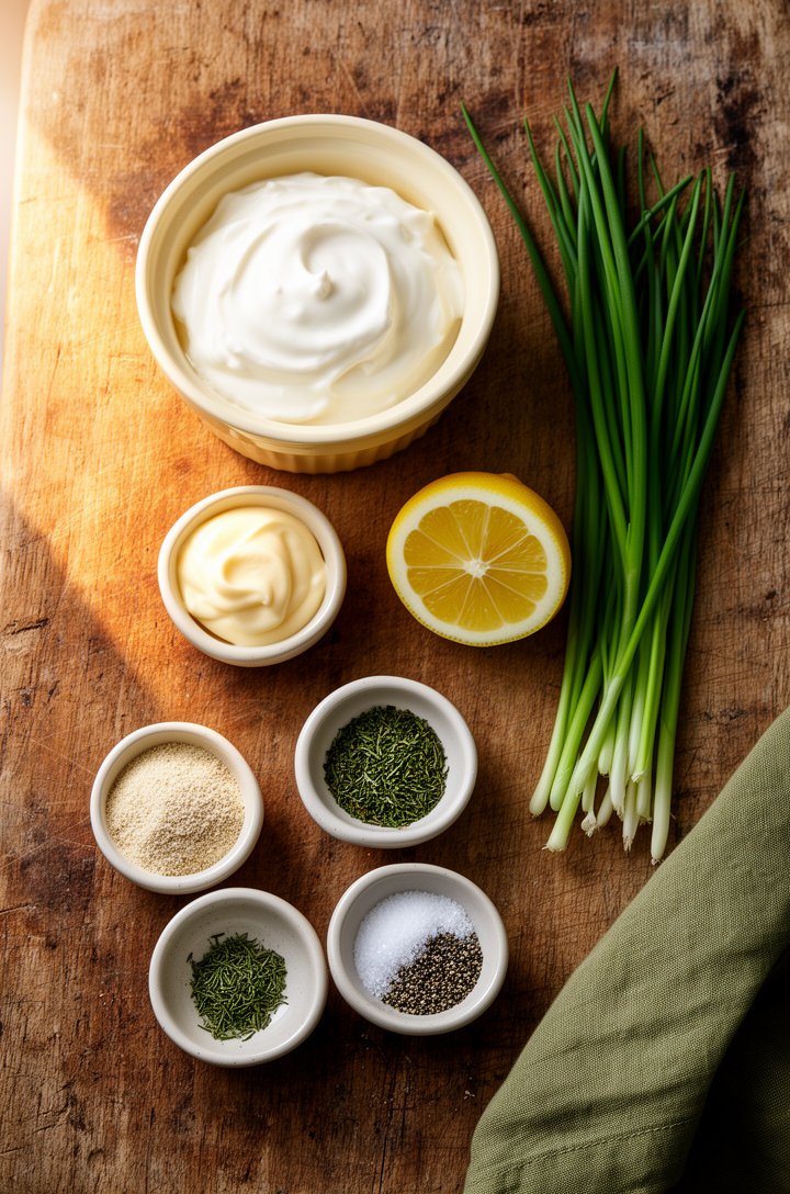 Overhead flat-lay of ingredients for chip dip arranged on an aged wooden board — a butter-cream ceramic ramekin of sour cream, small bowl of mayonnaise, halved lemon, tiny pinch bowls of garlic powder