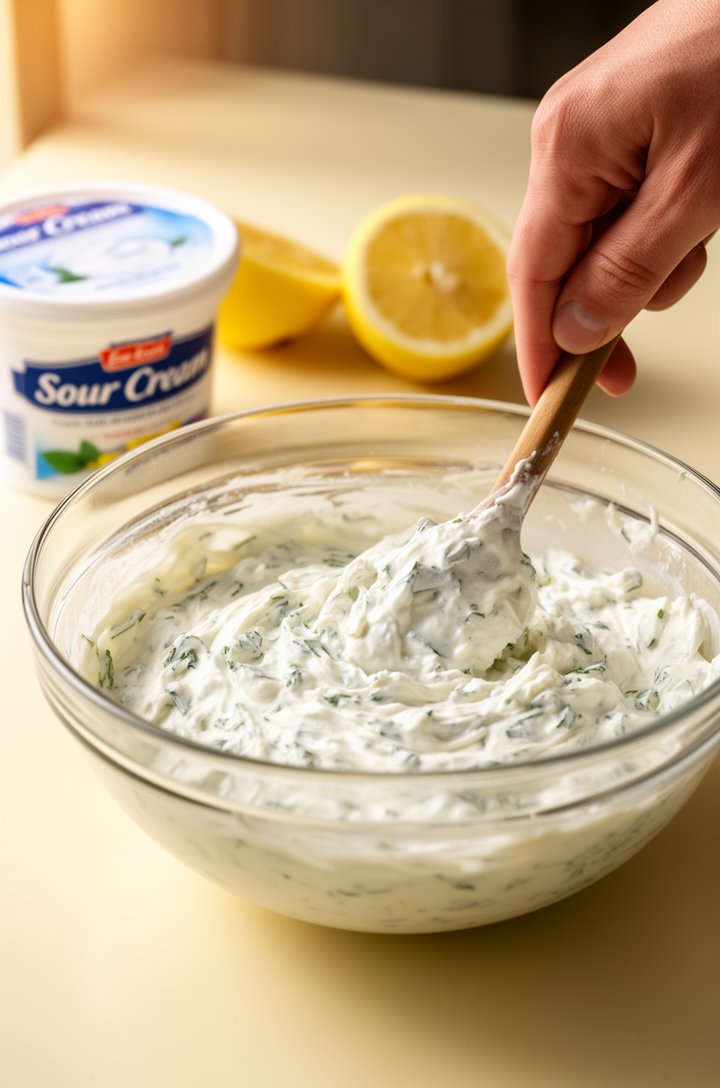 Close-up 45-degree angle of a hand stirring chip dip in a medium glass mixing bowl with a spatula, creamy white mixture with visible green herb flecks being folded together, sour cream container and l