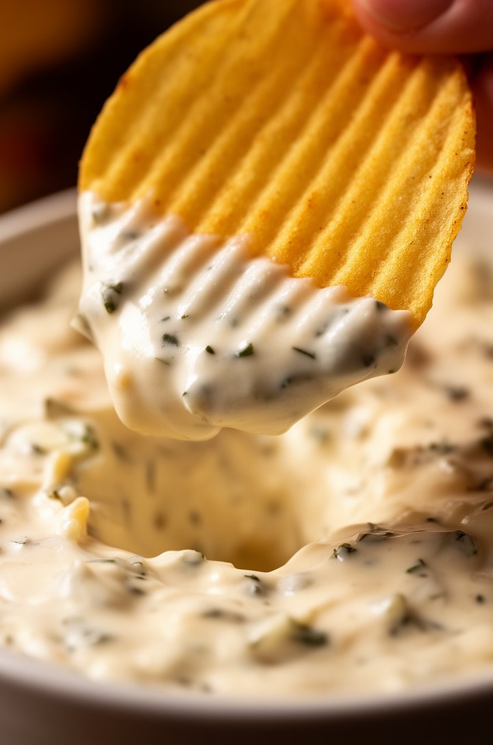 Extreme close-up macro of the finished chip dip being scooped by a single ridged golden potato chip, creamy dip clinging to the chip ridges showing herb flecks, the bowl of dip beneath slightly out of