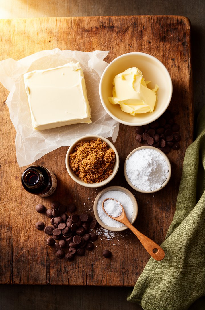 Overhead flat-lay of cookie dough dip ingredients arranged on an aged wooden cutting board — a block of cream cheese in parchment, a small butter-cream ceramic bowl of softened butter, tiny pinch bowl
