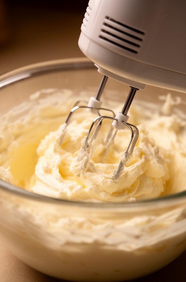 Close-up 30-degree angle of an electric hand mixer beating cream cheese and butter together in a glass mixing bowl, mixture is pale and fluffy with visible air incorporation, warm side lighting, butte