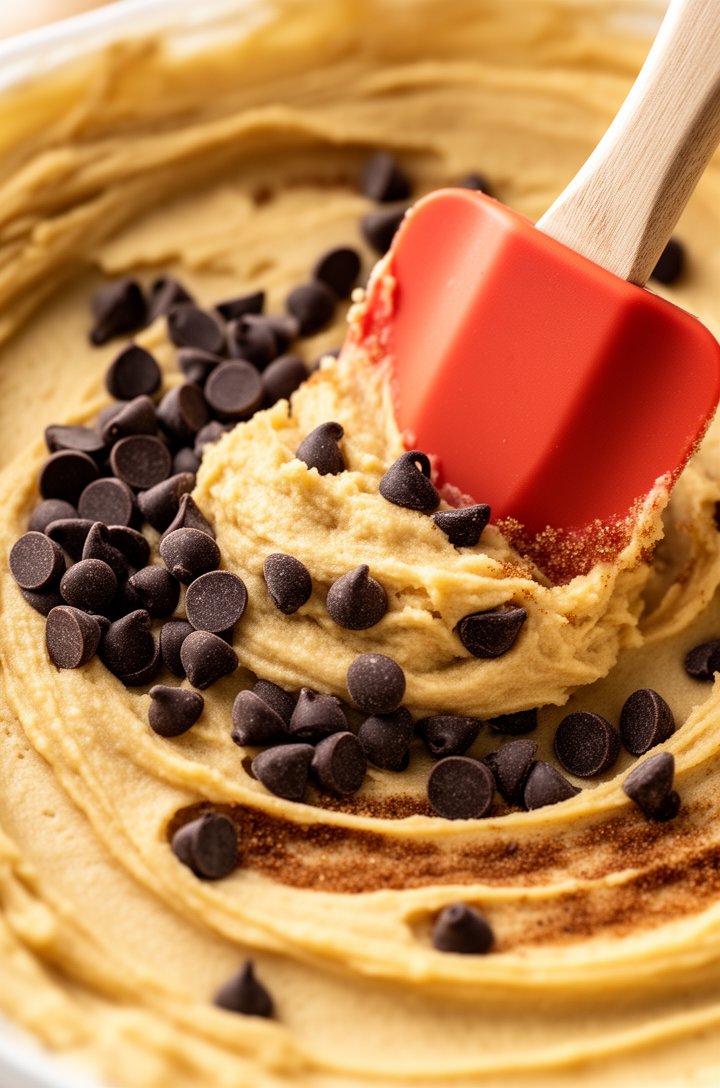 Extreme close-up macro shot of a rubber spatula folding dark chocolate chips into the creamy golden-beige cookie dough dip base, chips scattered throughout the mixture, visible brown sugar swirls in t