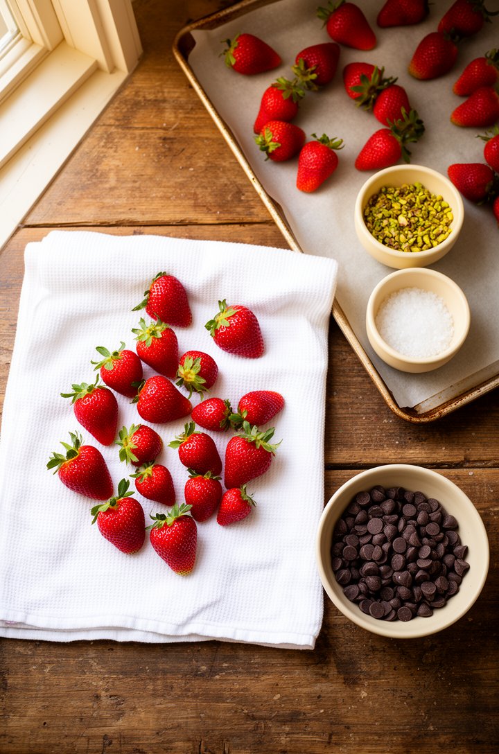 Overhead flat-lay of fresh red strawberries spread on a clean white kitchen towel being patted dry, a bowl of dark semisweet chocolate chips beside them, parchment-lined baking sheet in the background