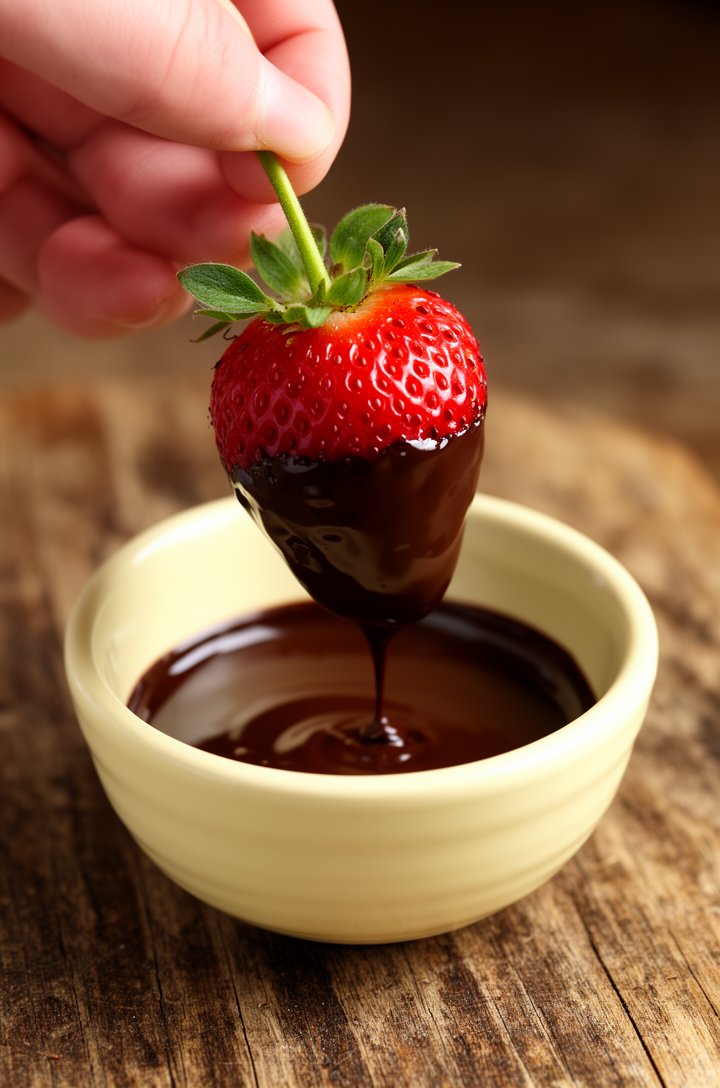 Close-up 30-degree angle of a hand holding a strawberry by its green stem, dipping it into a small bowl of glossy melted dark chocolate, chocolate coating the berry smoothly three-quarters of the way 