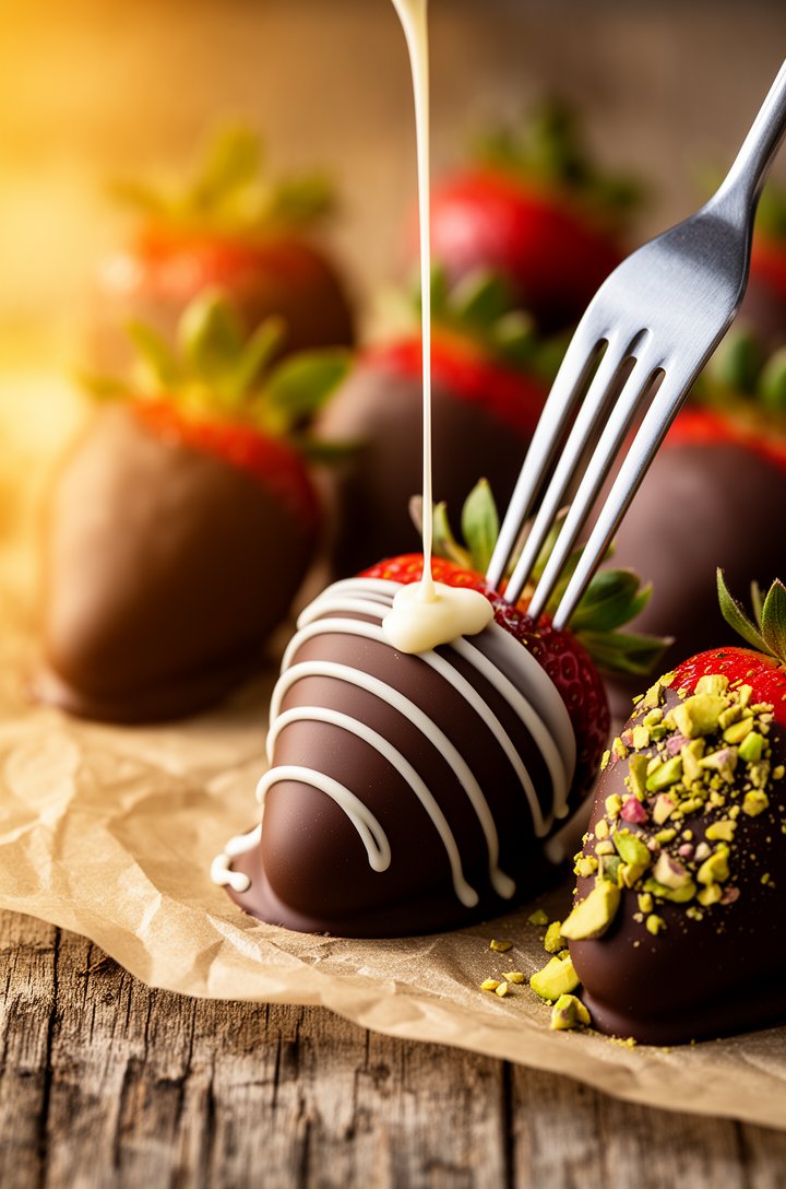 Close-up macro shot of freshly dipped chocolate covered strawberries on parchment paper, one being drizzled with white chocolate from a fork creating thin elegant lines across the dark chocolate shell