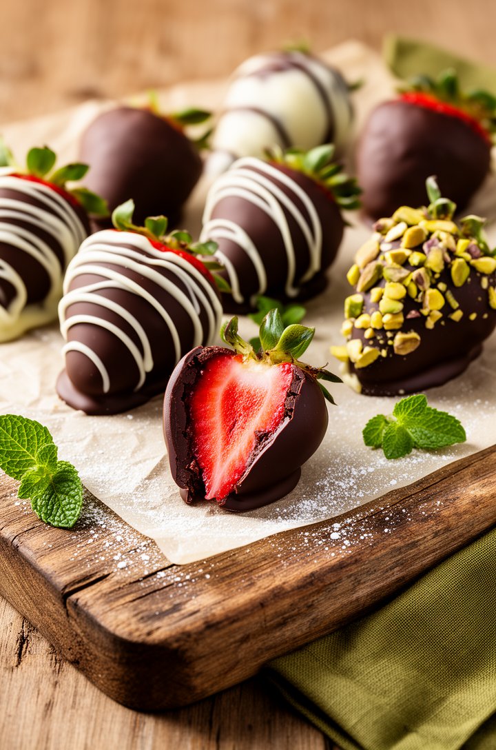Beauty shot at 45-degree angle of a finished platter of chocolate covered strawberries — mix of plain dark chocolate, white chocolate drizzled, and pistachio-topped varieties arranged on parchment on 