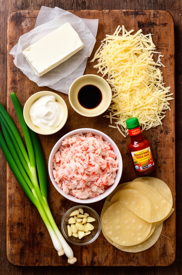 Overhead flat-lay of all crab rangoon dip ingredients arranged on an aged wooden board — a block of cream cheese on parchment, small butter-cream ceramic bowls of mayonnaise, sour cream, and soy sauce