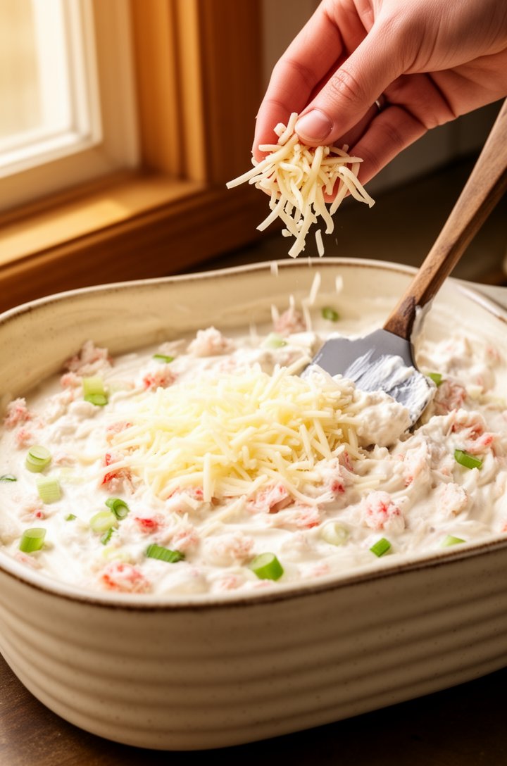 Close-up 30-degree angle of the unbaked crab rangoon dip mixture being spread into a rustic butter-cream ceramic baking dish with a spatula, creamy white filling with visible pink crab flecks and gree