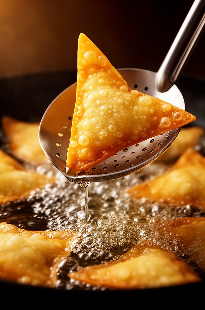 Dynamic close-up of golden wonton chip triangles being lifted from hot bubbling oil with a slotted spoon, chips glistening and blistered with tiny bubbles on the surface, oil dripping back into the pa