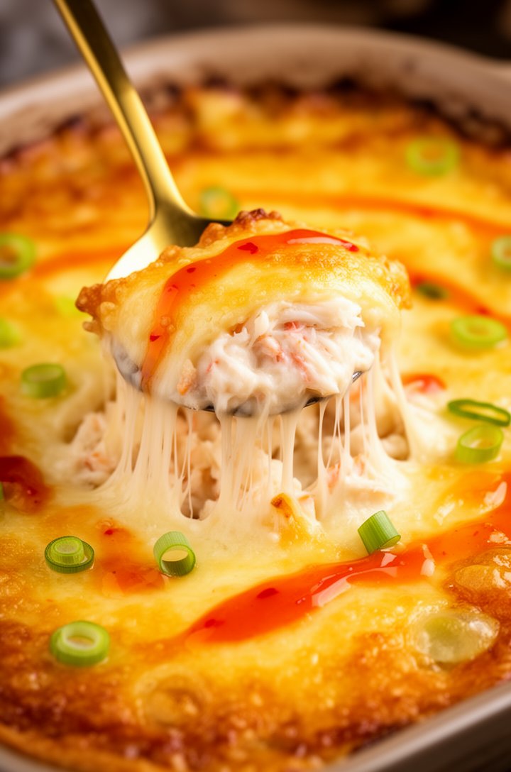 Extreme close-up macro shot of a gold spoon scooping into the hot baked crab rangoon dip, stretchy melted mozzarella pulling in strings, creamy filling with visible crab meat chunks underneath the gol
