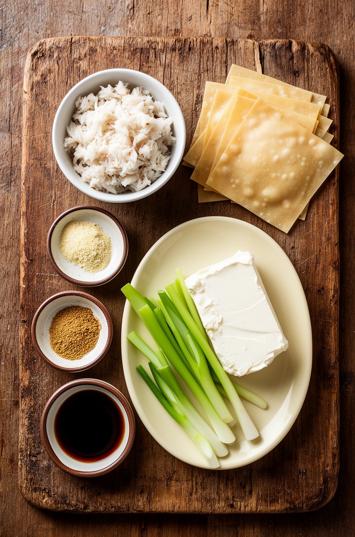 Overhead flat-lay of crab rangoon ingredients arranged on an aged wooden board — a small bowl of white crab meat, a block of softened cream cheese, sliced green onions on a butter-cream ceramic plate,
