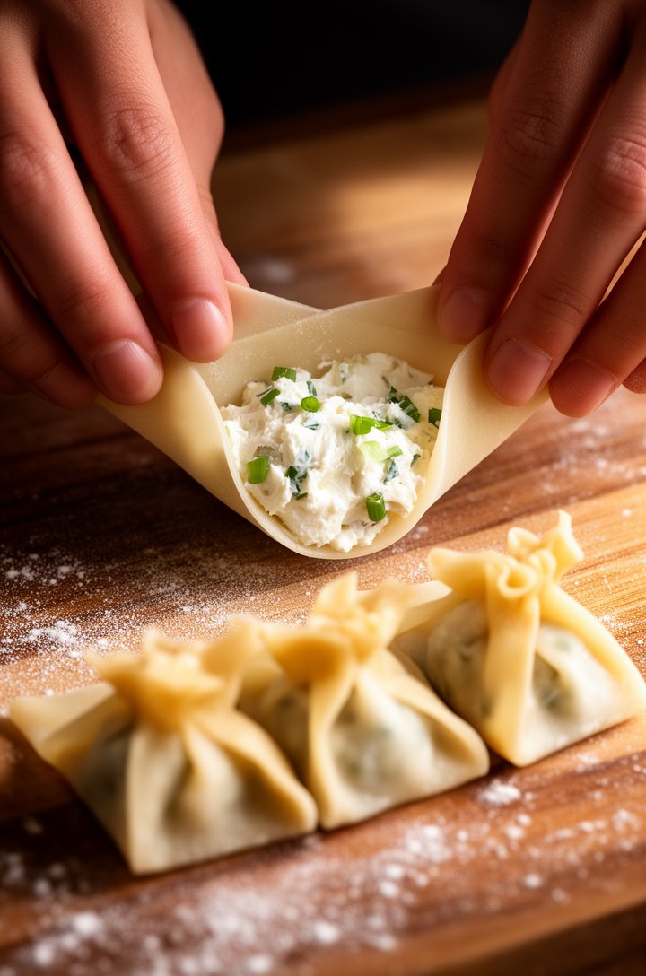 Close-up 30-degree angle of hands folding a wonton wrapper around creamy crab filling, three finished rangoon pouches sitting on a flour-dusted wooden board in the foreground, visible cream cheese and