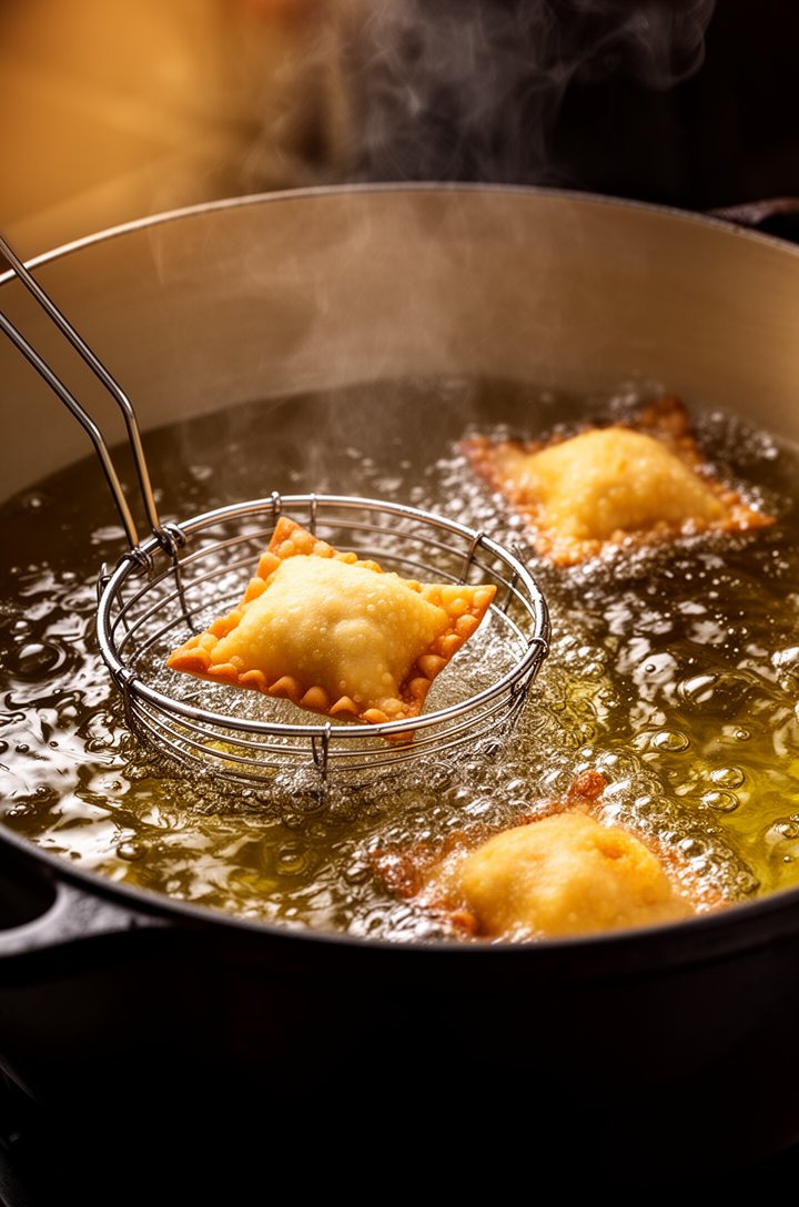 Action shot of golden crab rangoon being lowered into shimmering 325°F oil in a heavy Dutch oven using a spider strainer, oil bubbling vigorously around the rangoon, two already-frying rangoon turning