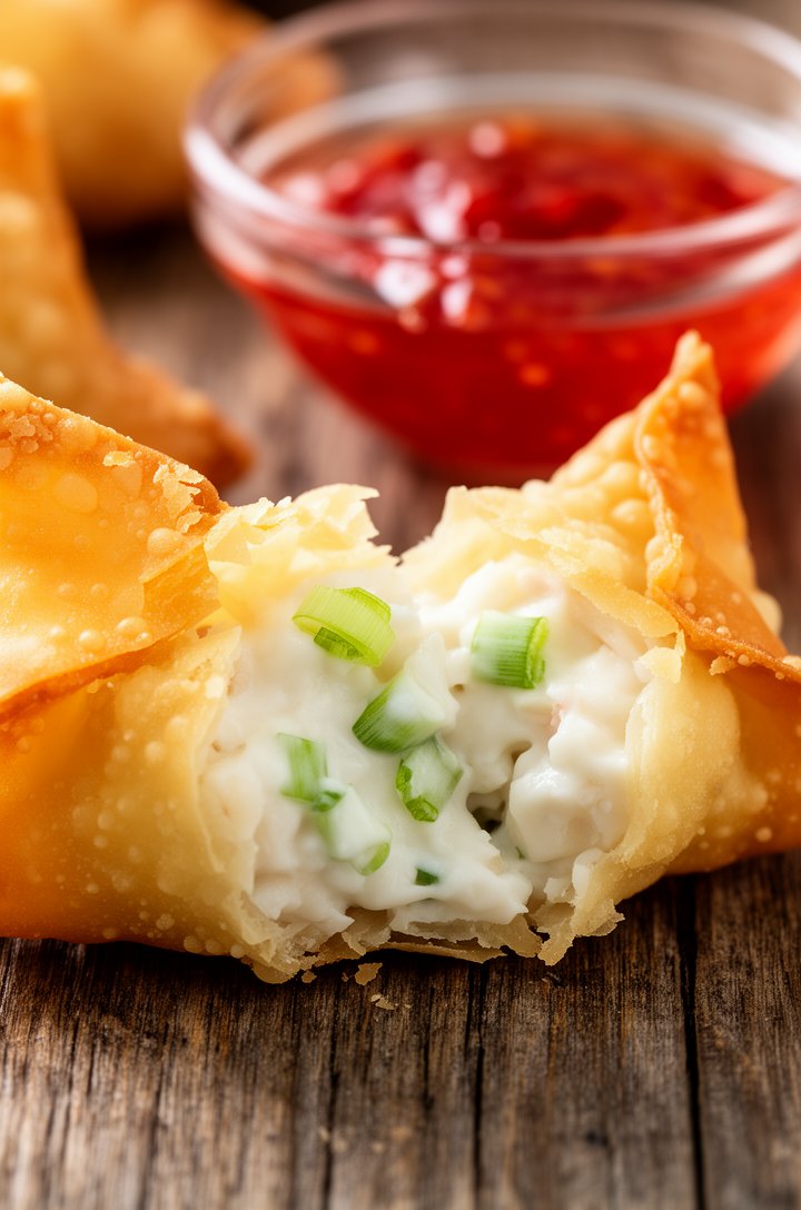Extreme close-up macro of a single crab rangoon broken in half, revealing creamy white filling with visible green onion flecks, crispy golden-brown shattered wonton wrapper edges in sharp focus, a sma