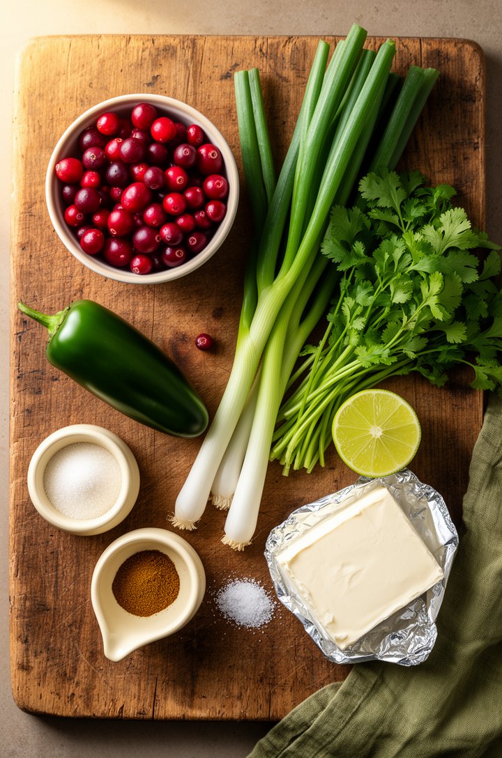 Overhead flat-lay of recipe ingredients arranged on an aged wooden cutting board — a bowl of glossy fresh cranberries, a whole jalapeño pepper, bunch of green onions, fresh cilantro bunch, a halved li