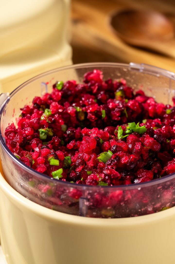 Close-up 45-degree angle of a food processor bowl filled with coarsely chopped ruby-red cranberries mixed with visible green flecks of jalapeño, cilantro, and green onion, the mixture wet and glisteni