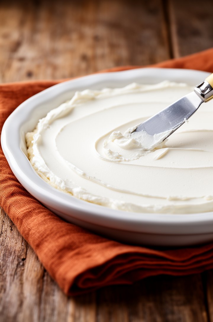 Close-up macro side-angle shot of softened cream cheese being spread in an even smooth layer across a white shallow ceramic pie dish with a butter knife, cream cheese surface pristine and white, warm 