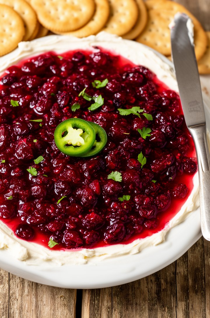 Extreme close-up overhead shot of the assembled cranberry jalapeño cream cheese dip in a white shallow dish, deep ruby-red chunky cranberry relish completely covering the cream cheese layer with glist