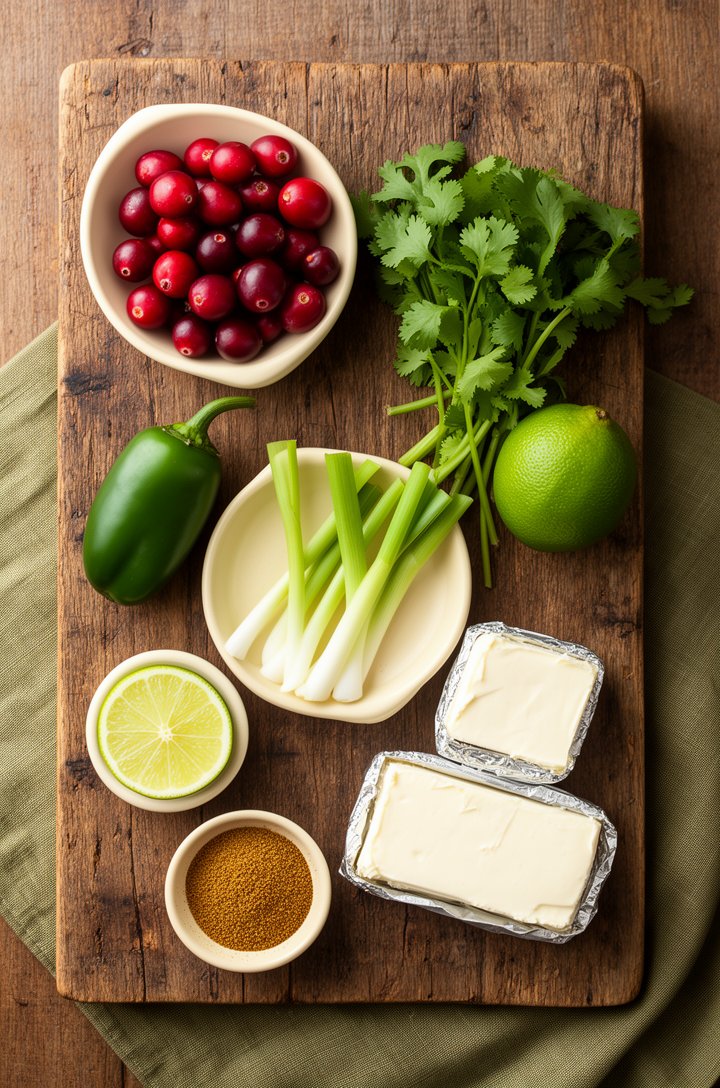 Overhead flat-lay on an aged wooden board of recipe ingredients arranged in small butter-cream ceramic pinch bowls — a bowl of glossy ruby-red fresh cranberries, a whole green jalapeño, a bunch of cil