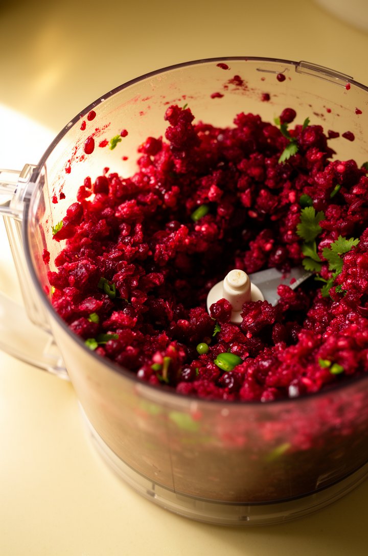 Close-up 45-degree angle of a food processor bowl filled with coarsely pulsed cranberries — rough chunky texture with pieces the size of peppercorns, vibrant deep ruby red color, visible bits of green