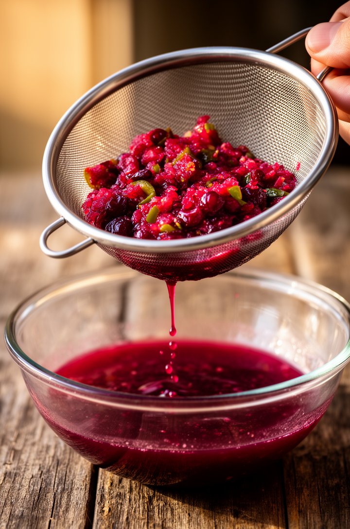 Close-up macro shot of the cranberry jalapeño mixture being strained through a fine mesh strainer held over a glass bowl, deep ruby-red juice dripping through into the bowl below, the chunky salsa gli