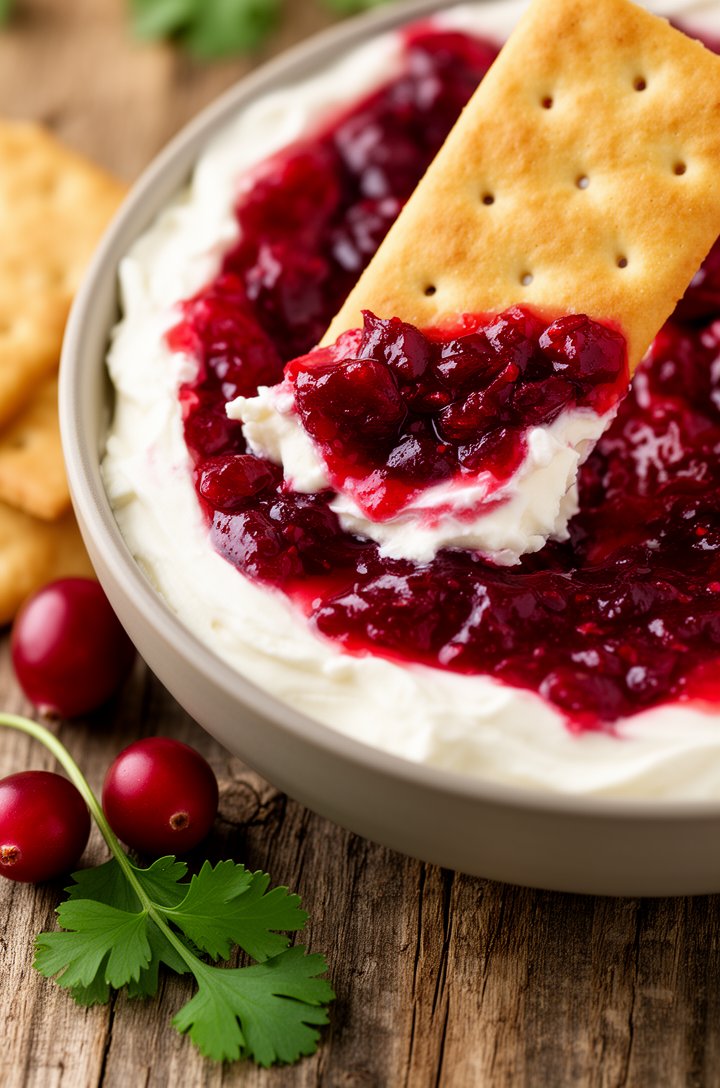 Extreme close-up macro of a cracker being dipped into the assembled cranberry jalapeño dip, scooping through the ruby-red chunky cranberry salsa layer into the smooth white cream cheese beneath, the c