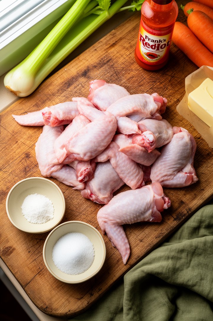 Overhead flat-lay of raw chicken wing pieces spread on an aged wooden cutting board, small butter-cream ceramic pinch bowls of baking powder, kosher salt, and a bottle of Frank's RedHot beside a stick