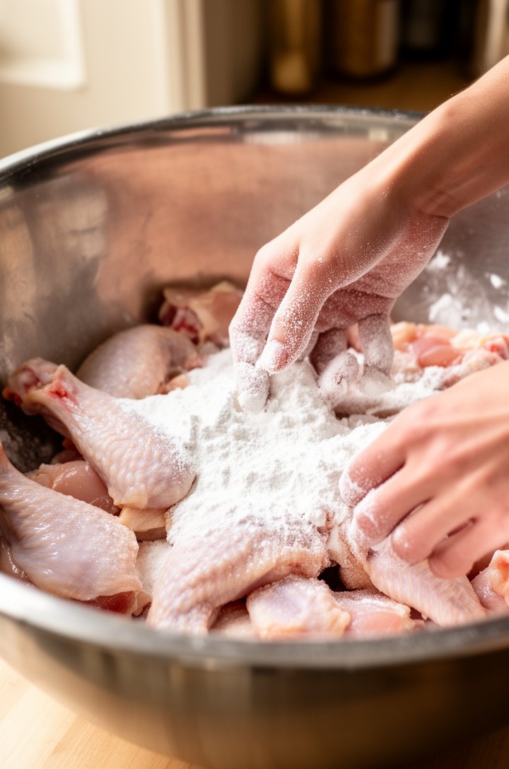 Close-up 30-degree angle of raw chicken wings in a large stainless steel mixing bowl being tossed with baking powder, hands visible coating the pieces, thin white dusting visible on the pale chicken s