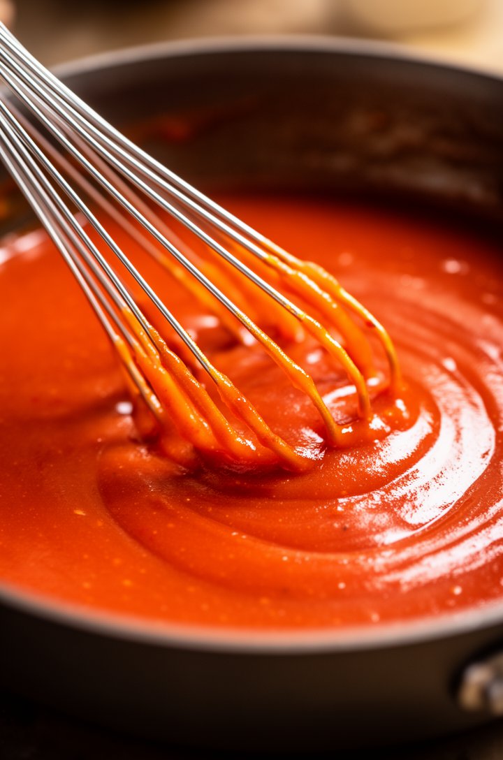 Macro close-up of glossy orange-red buffalo sauce being whisked in a small saucepan, butter fully melted and emulsified into the hot sauce, surface glossy and smooth, warm side lighting catching the s